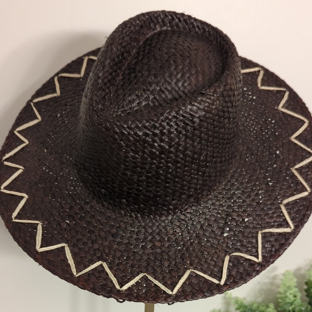 Brixton Dark Brown Woven Hat with Cream Zigzag Accent